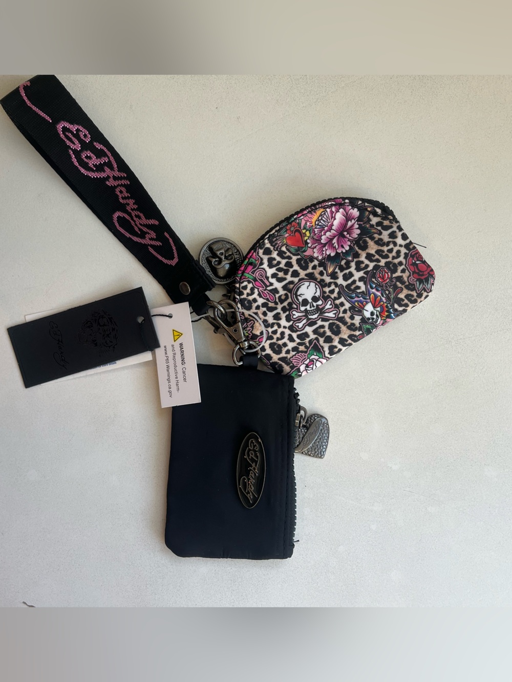 Ed Hardy Black Wristlet with Leopard Floral Coin/Card Wristlet Pouch